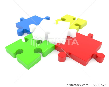 Five colored puzzle pieces are stacked in a pyramid shape 97911575