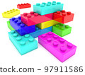 Toy bricks of different colors are stacked in different ways 97911586