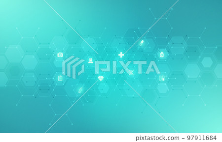 Medical background and healthcare technology with flat icons and symbols. Concept and idea for health care business, innovation medicine, health safety, science, medical research, and development. 97911684