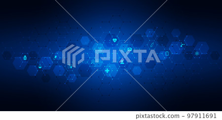 Healthcare and technology concept with flat icons and symbols. Template design for health care business, innovation medicine, pharmaceutical industry, science, medical research. 97911691