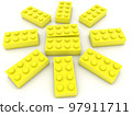 Yellow sun made of toy bricks on white 97911711