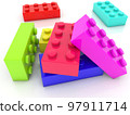 Colored toy bricks scattered on a white background 97911714