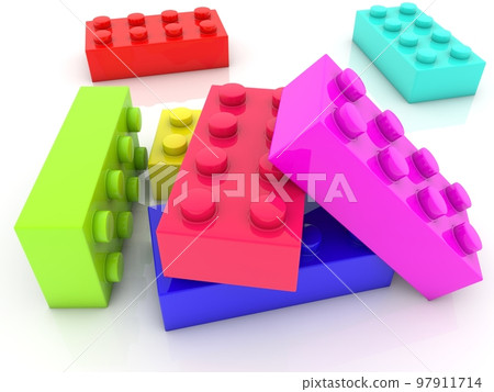 Colored toy bricks scattered on a white background Colored toy bricks scattered on a white background 97911714