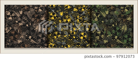 Set of seamless camouflage pattern with ionizing radiation symbol, paint brush strokes, skull and crossbones, hexagon net. Good for apparel, fabric, textile, sport goods. Grunge texture Set of seamless camouflage pattern with ionizing radiation symbol, paint brush strokes, skull and crossbones, hexagon net. Good for apparel, fabric, textile, sport goods. Grunge texture 97912073