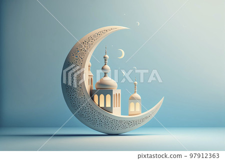 3d illustration of a mosque with golden moon and stars ornament 97912363