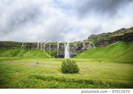 Waterfall giving water to a small bush 97912670