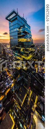 Aerial view of King Power Mahanakhon tower in Sathorn Silom central business district of Bangkok Aerial view of King Power Mahanakhon tower in Sathorn Silom central business district of Bangkok 97912690