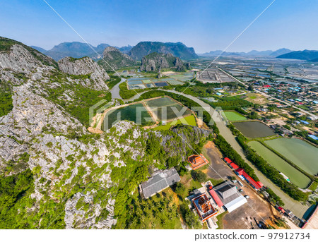 Aerial view of Khao Daeng View Point, the red mountain, in Sam Roi Yot National Park, in Prachuap Aerial view of Khao Daeng View Point, the red mountain, in Sam Roi Yot National Park, in Prachuap 97912734