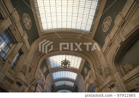 Ceiling of a large hall with rooftop windows Ceiling of a large hall with rooftop windows 97912865