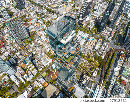 Aerial view of King Power Mahanakhon tower in Sathorn Silom central business district of Bangkok Aerial view of King Power Mahanakhon tower in Sathorn Silom central business district of Bangkok 97912881