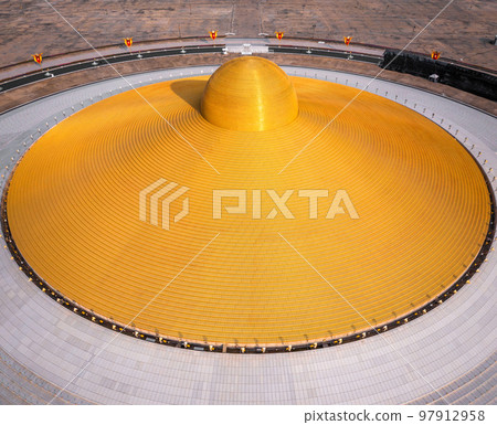 Aerial view of Wat Phra Dhammakaya temple in Pathum Thani Province north of Bangkok, Thailand. 97912958