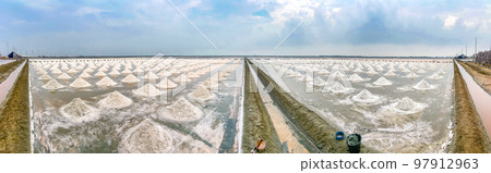 Aerial view of Salt farms in Phetchaburi province, Thailand 97912963