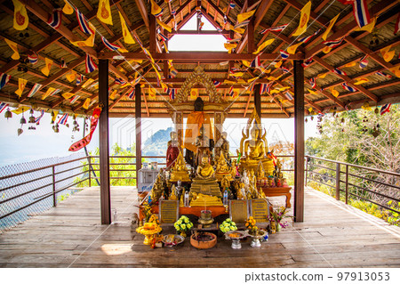 Aerial view of Wat Chaloem Phra Kiat Phrachomklao Rachanusorn, sky pagodas on top of mountain in 97913053