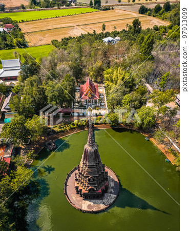 Aerial view of Wat Huai Kaeo or Wat Huay Kaew pagoda temple in Lopburi,Thailand Aerial view of Wat Huai Kaeo or Wat Huay Kaew pagoda temple in Lopburi,Thailand 97913099