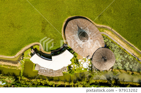 Aerial view of thai restaurant in rice fields in Nakhon Pathom, Thailand 97913202