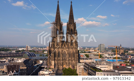 Cologne Cathedral - the iconic church in the city center - aerial view 97913342