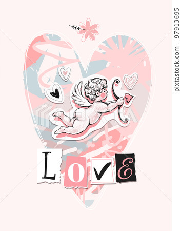 Contemporary love card, cupid, heart and word Love from newspaper letters, collage. Valentine s day poster, wedding invitation, romantic vector illustration. Contemporary love card, cupid, heart and word Love from newspaper letters, collage. Valentine s day poster, wedding invitation, romantic vector illustration. 97913695