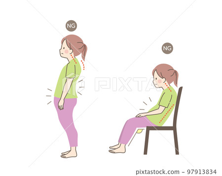 Illustration set material of a woman with bad posture 97913834