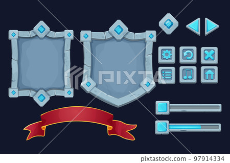 Set stone shield, frame with gemstones, award ribbon game victory board menu and setting icons in cartoon style isolated on background. Magic royal asset, template. Set stone shield, frame with gemstones, award ribbon game victory board menu and setting icons in cartoon style isolated on background. Magic royal asset, template. 97914334