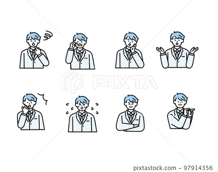 Human facial expression illustration (male, icon, avatar, laugh, cry, depressed, surprised, angry, know) 97914356