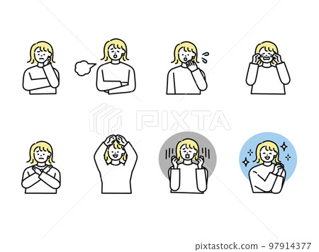 Human facial expression illustration (woman, icon, avatar, laugh, cry, be depressed, be surprised, get angry, know) 97914377