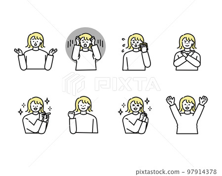 Human facial expression illustration (woman, icon, avatar, laugh, cry, be depressed, be surprised, get angry, know) 97914378