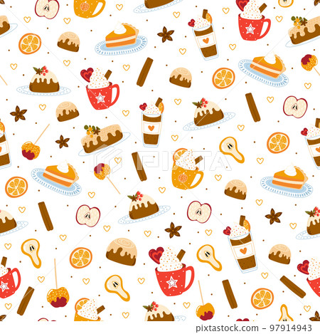 Cozy autumn or winter pattern with pastry and hot drinks on white background Cozy autumn or winter pattern with pastry and hot drinks on white background 97914943
