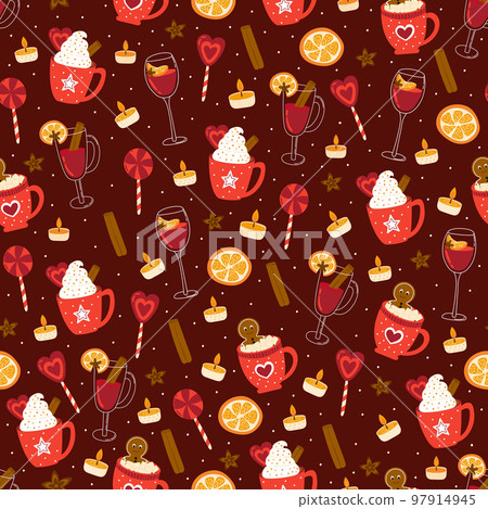 Cozy winter hot drinks pattern on red background, mulled wine and hot cacao with cinnamon Cozy winter hot drinks pattern on red background, mulled wine and hot cacao with cinnamon 97914945