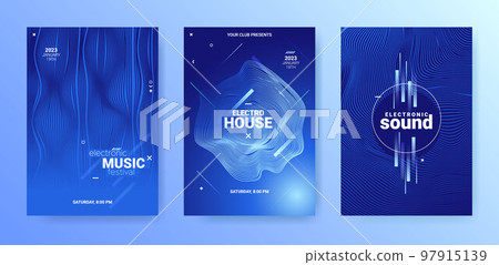 Abstract Techno Sound Flyers. Electro Music Poster. Dance Party Cover. Vector 3d Background. Techno Sound Flyer Set. Geometric Festiv Banner. Gradient Wave Circle. Edm Techno Sound Flyer. 97915139