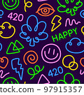 Neon Lights 420 Cartoon Doodle Weed Seamless Vector Pattern for Cannabis Dispensary or Medical 97915357