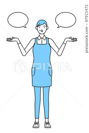 一位穿著帶氣球的圍裙並進行比較的高級女性 97915472