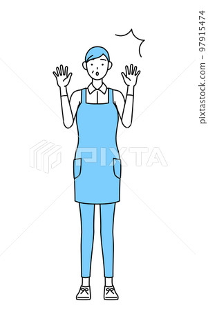 一位圍裙的高級女性驚訝地舉起手 一位圍裙的高級女性驚訝地舉起手 97915474