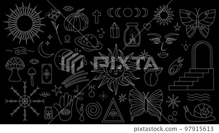 Magic background in retro style with hand drawn elements. Decorative mystical vector isolated pattern. editable stroke stickers. Esoteric element in minimalism. Collection of occult symbols tattoo art 97915613