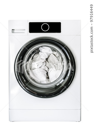 Washing machine isolate on empty white background. Laundry, clean linen concept. 97916449