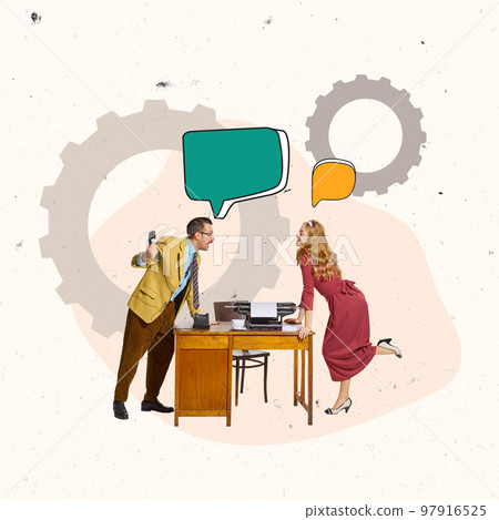 Contemporary art collage. Conceptual design. Business communication. Man emotionally talking on phone and with woman, employee Contemporary art collage. Conceptual design. Business communication. Man emotionally talking on phone and with woman, employee 97916525