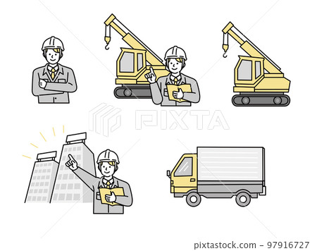 Illustration of a worker (construction site, carpenter, factory, work clothes, helmet, truck, crane truck, explanation, construction) Illustration of a worker (construction site, carpenter, factory, work clothes, helmet, truck, crane truck, explanation, construction) 97916727