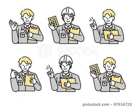 Illustration of a worker (construction site, carpenter, factory, work clothes, helmet, budget, estimate, explanation, construction) 97916728