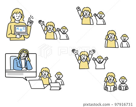 Children's online class illustration (lessons, cram school, study, communication, English conversation, training, home study, communication) Children's online class illustration (lessons, cram school, study, communication, English conversation, training, home study, communication) 97916731