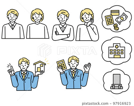 Illustration of a senior generation couple (old age, hospital, grave, money) 97916923