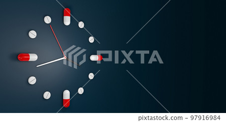 Clock watch, consisting of capsules and pills, indicating at what time different medicines should be taken - 3d illustration Clock watch, consisting of capsules and pills, indicating at what time different medicines should be taken - 3d illustration 97916984
