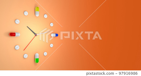 Clock watch, consisting of capsules and pills, indicating at what time different medicines should be taken - 3d illustration 97916986