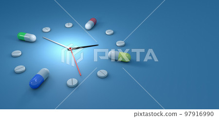 Clock watch, consisting of capsules and pills, indicating at what time different medicines should be taken - 3d illustration Clock watch, consisting of capsules and pills, indicating at what time different medicines should be taken - 3d illustration 97916990