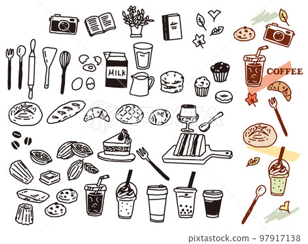 Black and white, monotone, line drawing illustrations (handwriting, fashionable, magazines, fashion, cafes, bakeries) 97917138
