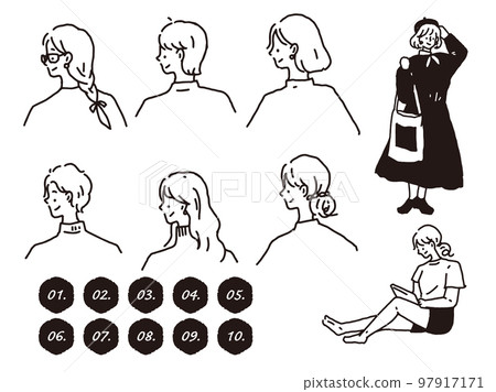 Black and white, monotone, line drawing illustration (handwriting, fashion, magazine, fashion, cute, person, girl) 97917171