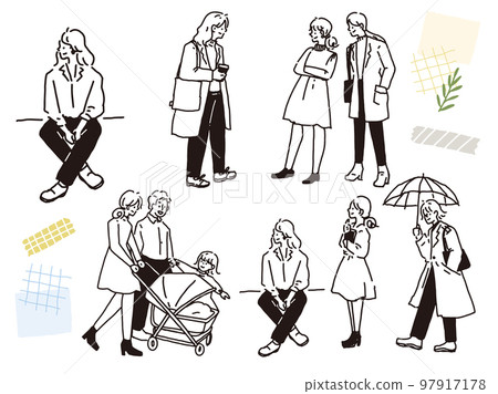 Black and white, monotone, line drawing illustration (handwriting, fashion, magazine, fashion, cute, person, girl) 97917178