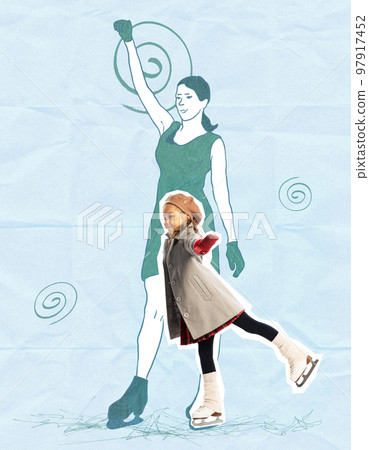 Little girl in vintage warm clothes skating over drawn portrait of female figure skater. Concept of inner child, childhood and dreams about future career Little girl in vintage warm clothes skating over drawn portrait of female figure skater. Concept of inner child, childhood and dreams about future career 97917452