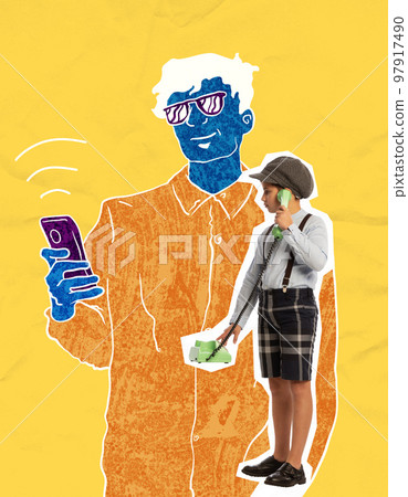 Eras comparison. Creative art collage with little boy talking on retro phone over drawn portrait of man. Vintage, retro style and modernity Eras comparison. Creative art collage with little boy talking on retro phone over drawn portrait of man. Vintage, retro style and modernity 97917490