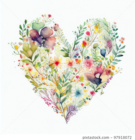 Floral heart. Heart of flowers. Wedding card. Love symbol on white background. Valentine watercolor poster 97918072