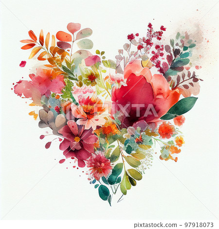 Floral heart. Heart of flowers. Wedding card. Love symbol on white background. Valentine watercolor poster 97918073