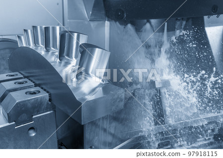 Abstract scene the 5-axis machining center cutting the turbine blade parts with solid ball end mill tool. Abstract scene the 5-axis machining center cutting the turbine blade parts with solid ball end mill tool. 97918115